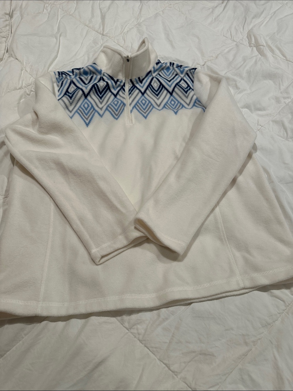 Women’s White Fleece Pullover with Blue Pattern - Brand Lands End